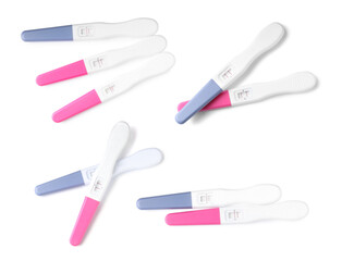 Different positive pregnancy tests on white background, collage. Top view