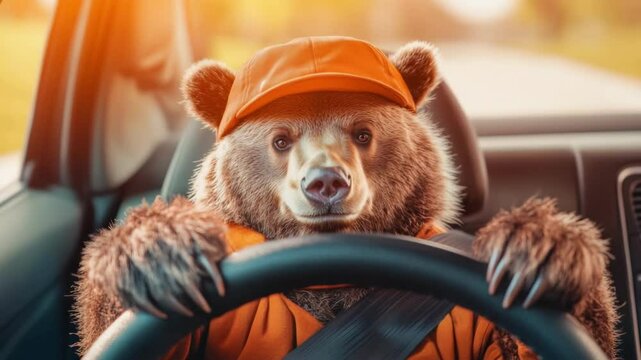 Brown bear in driver seat wearing orange cap and delivery jumpsuit driving car concept animal personification and transportation theme illustration