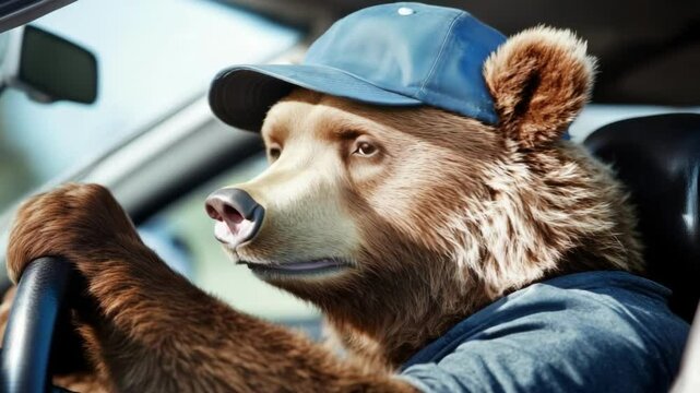 Brown bear wearing blue baseball cap driving car with paws on steering wheel during sunny day for travel advertising and wildlife themed designs