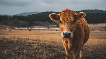 牧草地に立つ褐毛和種の牛