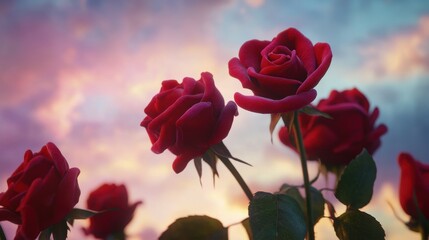 Obraz premium A close-up view of vibrant red roses against a colorful sky at sunset.
