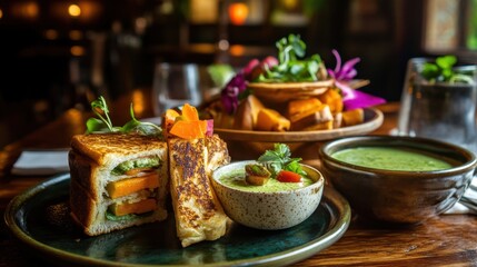 Fototapeta premium Purple sweet potato and green tea dips presented with thick toast on a ceramic plate