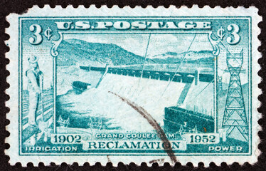 Postage stamp USA 1952 Spillway, Grand Coulee Dam, is a concrete gravity dam on the Columbia river