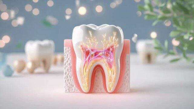 Dental anatomy cross section showcasing healthy roots and nerve structure with sparkling light effects, concept of periodontal health and oral hygiene for health website or brochure