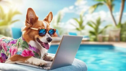 Funny corgi dog in sunglasses wearing Hawaiian shirt and using laptop by the pool, remote work concept - Powered by Adobe