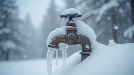 Frozen outdoor faucet covered in snow, with icicles hanging from spout, creates serene winter scene