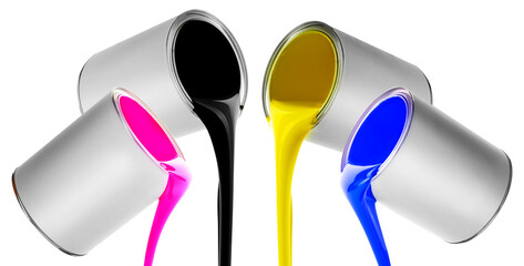 Paints of different colors pouring out of cans on white background, collage