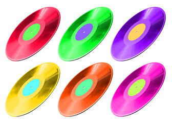 Many color vinyl records on white background, collage