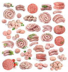 Different fresh raw meat products on white background, collage