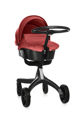 Baby carriage. Modern pram with red canopy isolated on white