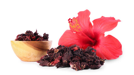 Red hibiscus flower and dried calyces on white background © New Africa