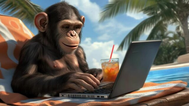 A young chimpanzee sits in lounge chair by swimming pool, working on laptop with drink nearby. Concept of vacation, remote work, or artificial intelligence.
