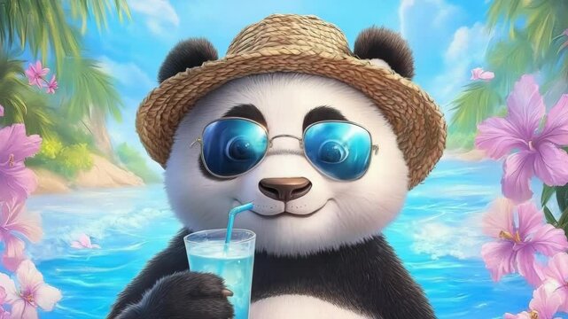 Cute cartoon panda wearing straw hat and sunglasses, holding glass of refreshing drink by the beach, for kid content and happy summertime vacation concept.