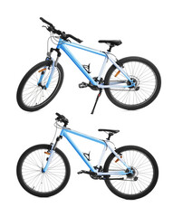 Color bicycle on white background, collage. View from different sides