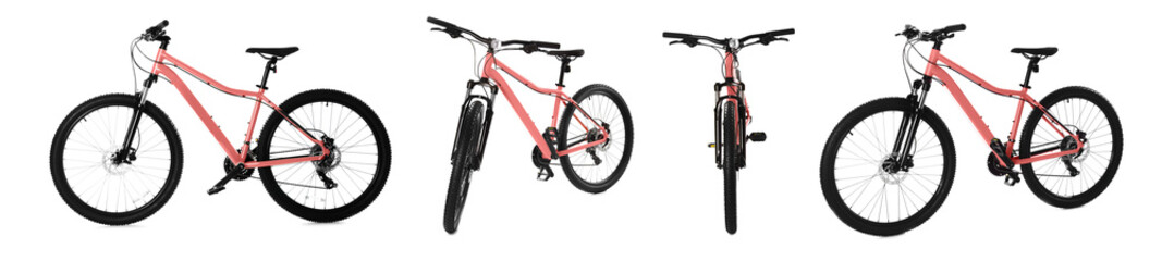 Color bicycle on white background, collage. View from different sides