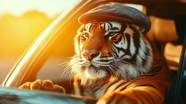 A tiger wearing flat cap driving car during sunset. Concept of travel, adventure and anthropomorphism. Could be used for wildlife themes or abstract ideas.