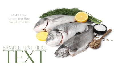 Sea food. Different types of raw fish, lemon and spices on white background. Banner design with space for text