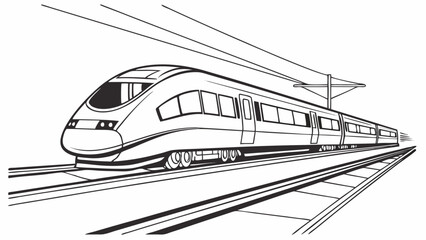 A detailed line drawing of a high speed train on tracks with overhead power lines in black and white style