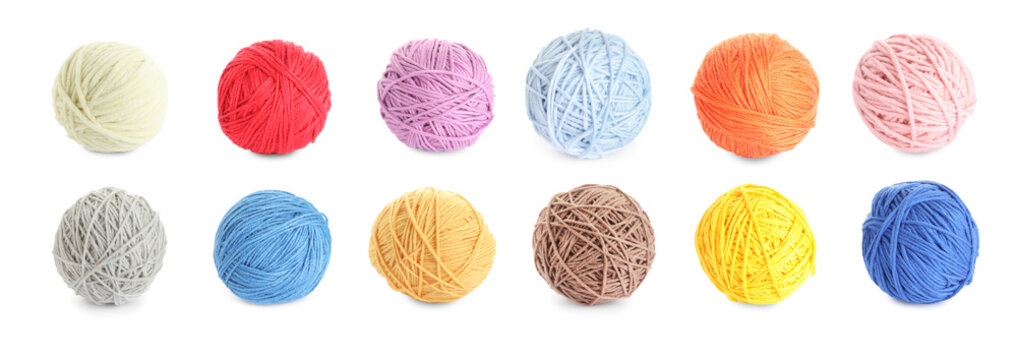 Colorful knitting yarn balls on white background, set