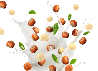 Nut milk splash with hazelnuts and green leaves in air on white background