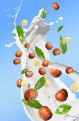 Nut milk splash with hazelnuts and green leaves in air on light blue background