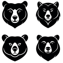 Four Black and White Illustrations Depicting Stylized Bear Heads in Different Poses