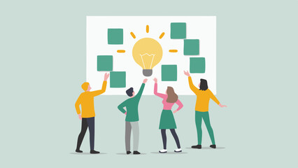 Team collaborating on a whiteboard with sticky notes and a light bulb idea illustration shown center