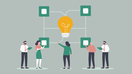 Team collaboration with lightbulb and square nodes connected by lines in a business environment