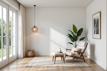 clean interior design with a lounge chair and hanging lamp