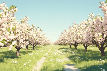 Fototapeta premium Serene orchard with blossoming fruit trees and a clear sky.