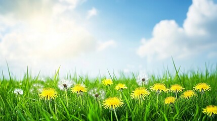 Bright dandelions bloom in a lush green field under a clear blue sky, capturing the essence of springtime beauty and the vibrant renewal of nature's wonders.