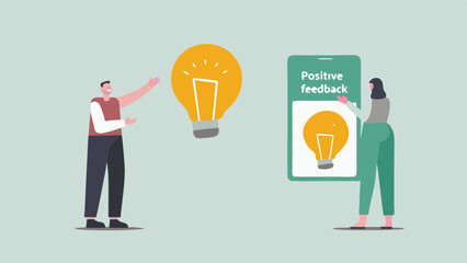 Illustration of people with light bulb and positive feedback on a mobile device screen
