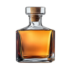 Square glass decanter filled with amber liquid and sealed with a cork stopper. Png, Transparent background.