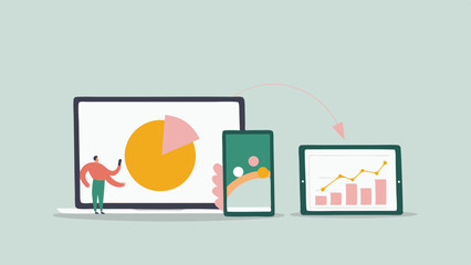 Person analyzing data on a laptop, smartphone, and tablet with charts and graphs displayed clearly on screen