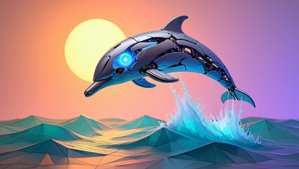 Mechanical Dolphin Leaping Futuristic Ocean Sunrise Digital Art