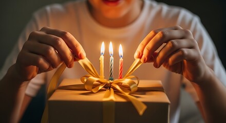 Person unwrapping a birthday gift with lit candles on top, preparing to celebrate.
