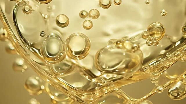 golden oil bubbles floating in liquid isolated macro closeup abstract fluid texture motion skincare serum concept background