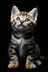 Obraz premium Striking blue-eyed grey striped kitten looking upwards against black, photo, pet photography, texture