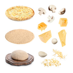 Delicious cheese pizza and raw ingredients isolated on white, collage