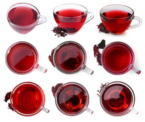 Hibiscus tea in glass cups and dried calyces isolated on white, set