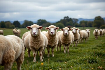 Obraz premium sheep lined up on a grassy field, cloudy weather