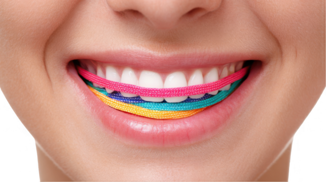 Close up of a smiling woman with perfect white teeth showcasing colorful rubber bands in pink, blue, green, and yellow, on a transparent background, emphasizing dental care and colorful accessories