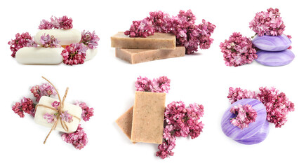 Soap bars and aromatic lilac flowers isolated on white, collage. Top and side view