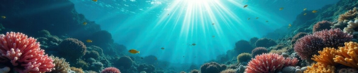 Fototapeta premium Sun's rays illuminate diverse coral reef, underwater scene, underwater, reef, ocean