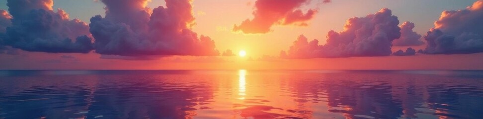 Sunset over tranquil ocean; painted sky, still water, scene, photo, color
