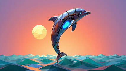 Cybernetic Dolphin Leaps at Sunset A Futuristic Ocean Scene