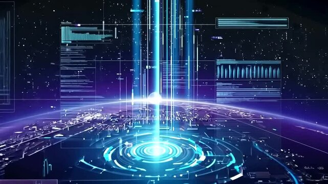 Abstract fractal realms of digital light and binary code patterns form a high-tech data communication network backdrop