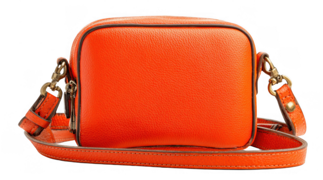 Studio shot of a vibrant orange leather crossbody bag, showcasing its stylish design and transparent background, perfect for showcasing on various platforms