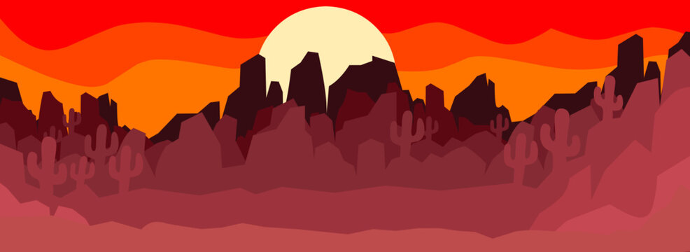 Vector illustration of sunset desert landscape. Wild Western Texas desert sunset with mountains and  cactus in flat cartoon style.Sunset in huge mountains