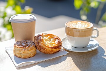 A cozy café scene featuring a friendly latte and a delightful pastry combo for a warm, inviting atmosphere.